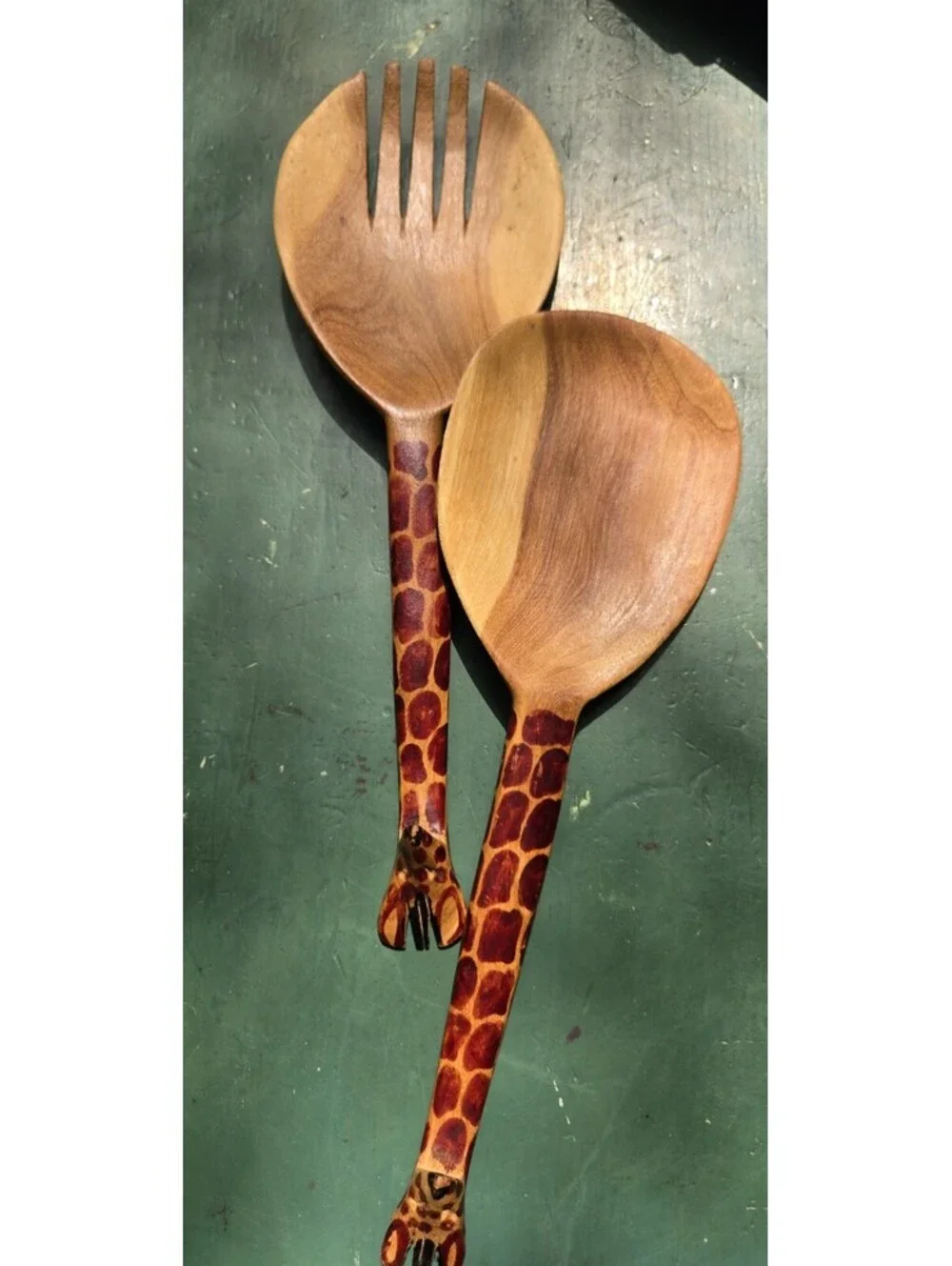 Hand Carved Wood Giraffe Salad Spoon & Fork Utensil Set